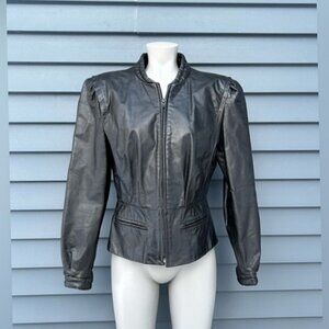 Vintage Bermans Womens Short Black Genuine Leather Pleated Zip Moto Jacket~M~